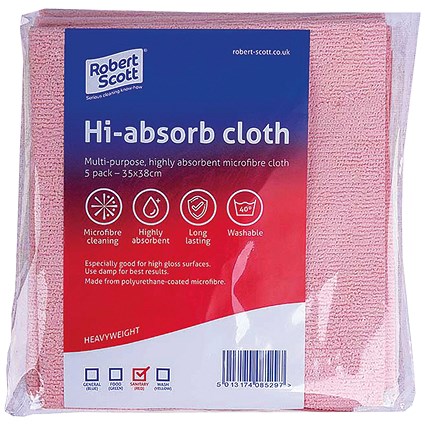 Robert Scott Hi-Absorb Microfibre Cloth, 350x380mm, Red, Pack of 5
