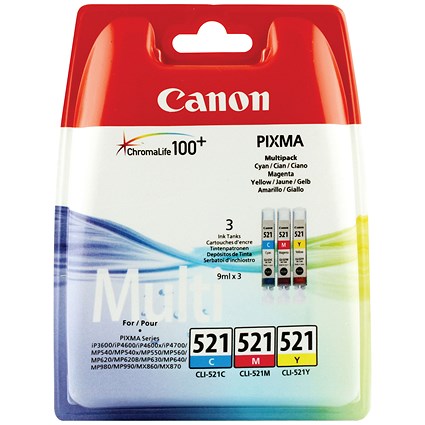 Canon CLI-521 Inkjet Cartridge Pack - Cyan, Magenta and Yellow (3 Cartridges)