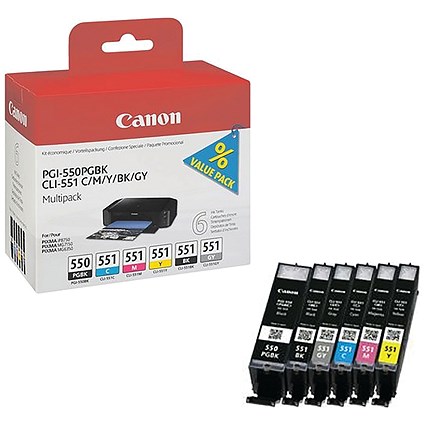 Canon PGI-550/CLI-551 Ink Multipack - Pigment Black, Cyan, Magenta, Yellow, Black and Grey (6 Cartridges)