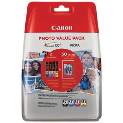 Canon CLI-551 Inkjet Cartridge + Paper Value Pack CMYK (Pack of 4) 6508B005