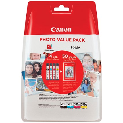 Canon CLI-581XL High Yield Inkjet Cartridges- Black, Cyan, Magenta, Yellow and Photo Pack (4 Cartridges)