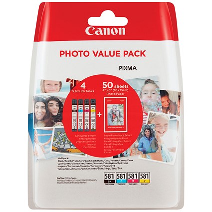 Canon CLI-581 Inkjet Cartridge + Photo Paper Value Pack CMYK (Pack of 4) 2106C005