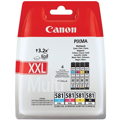 Canon CLI-581XXL Extra High Yield Inkjet Cartridges- Black, Cyan, Magenta and Yellow (4 Cartridges) Canon CLI-581XXL Extra High Yield Inkjet Cartridges- Black, Cyan, Magenta and Yellow (4 Cartridges)
