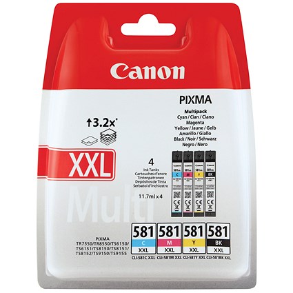 Canon CLI-581XXL Extra High Yield Inkjet Cartridges- Black, Cyan, Magenta and Yellow (4 Cartridges)