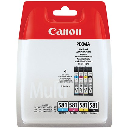 Canon CLI-581 Black/Cyan/Magenta/Yellow Ink Cartridges (4 Cartridges)