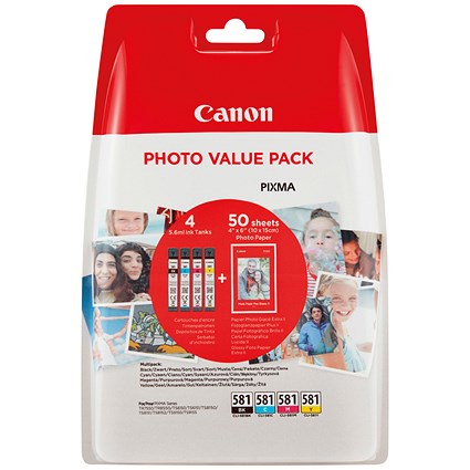 Canon CLI-581 Ink Cartridges CMYK + 4 x 6 in Photo Paper Value Pack 2106C006