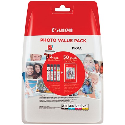 Canon CLI-581XL Ink Cartridges High Yield CMYK + 4 x 6 in Photo Paper Value Pack 2052C006