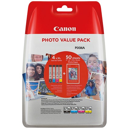 Canon CLI-571XL Ink Cartridges High Yield CMYK + 4 x 6 in Photo Paper Value Pack 0332C006