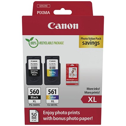 Canon CRG PG-560XL/CL-561XL Inkjet Cartridges + 4x6 Photo Paper 50 Sheets Value Pack K/CMY 3712C008