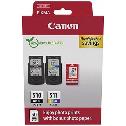 Canon PG-510/CL-511 Ink Cartridges K/CMY + 4 x 6 in Photo Paper Value Pack 2970B017