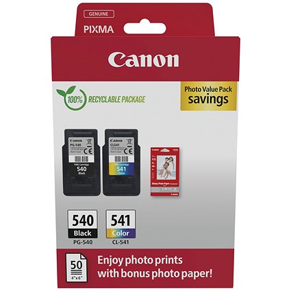 Canon PG-540/CL-541 Ink Cartridges K/CMY + 4 x 6 in Photo Paper Value Pack 5225B013