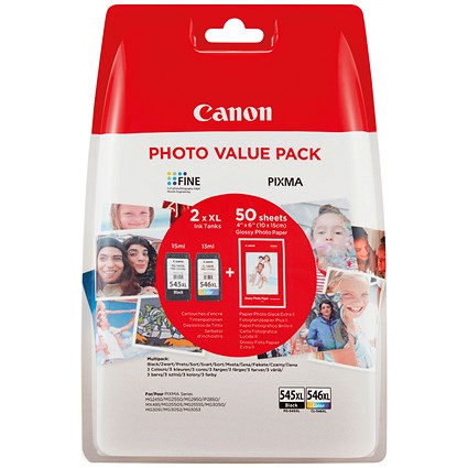 Canon PG-545XL/CL-546XL Ink Cartridges High Yield K/CMY + 4 x 6 in Photo Paper Value Pack 8286B011