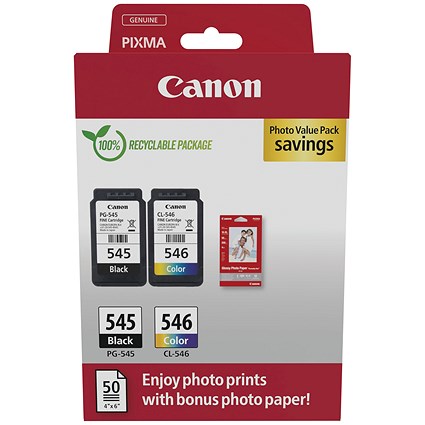 Canon PG-545/CL-546 Ink Cartridges K/CMY + 4 x 6 in Photo Paper Value Pack 8287B008