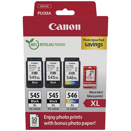 Canon PG-545XL x 2/CL-546XL Ink Cartridges High Yield K/CMY + 4x6 in Photo Paper Value Pack 8286B015