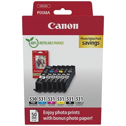 Canon PGI-530/CLI-531 Ink Cartridges PGBK/CMYK/GY + 4 x 6 in Photo Paper Value Pack 6117C004