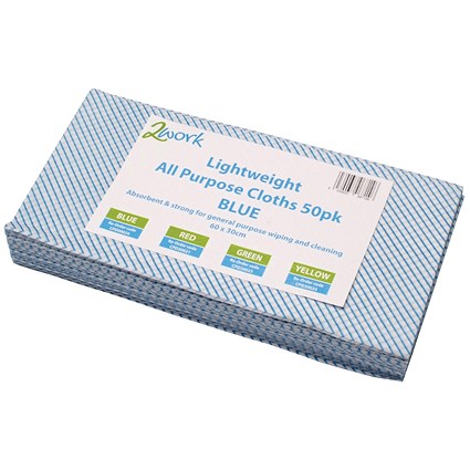 2Work Lightweight All Purpose Cloth, 600x300mm, Blue, Pack of 50
