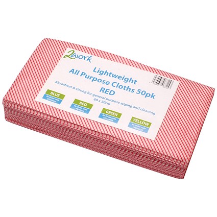 2Work Lightweight All Purpose Cloth, 600x300mm, Red, Pack of 50 2Work Lightweight All Purpose Cloth, 600x300mm, Red, Pack of 50