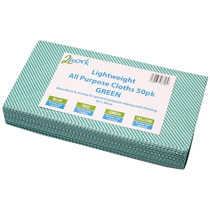 2Work Lightweight All Purpose Cloth, 600x300mm, Green, Pack of 50
