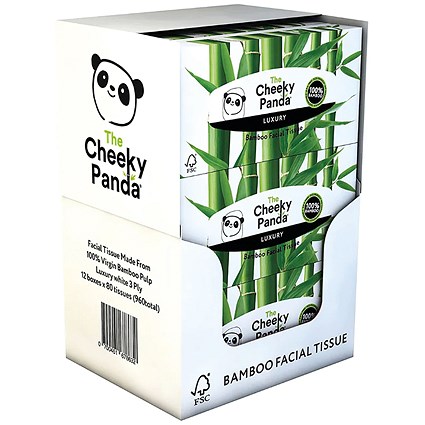 Cheeky Panda Facial Tissues, 3-Ply, 12 Boxes of 80 Sheets