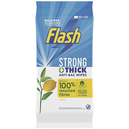 Flash Strong and Thick Anti-Bacterial Lemon Wipes, 60 Wipes