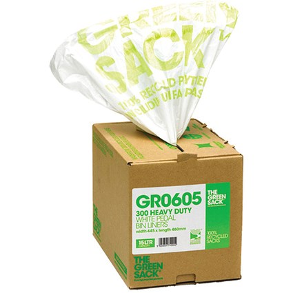 The Green Sack Light Duty Pedal Bin Liner in Dispenser, 15 Litre, White, Pack of 300