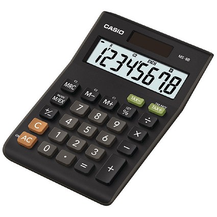 Casio Desktop Calculator, 8 Digit, 3 Key, Battery/Solar Power, Black