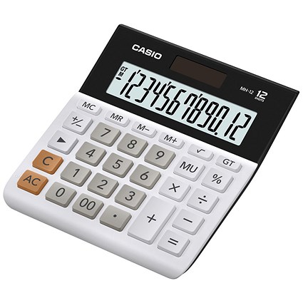 Casio Desktop Calculator, 12 Digit, 4 Key, Battery/Solar, White/Black