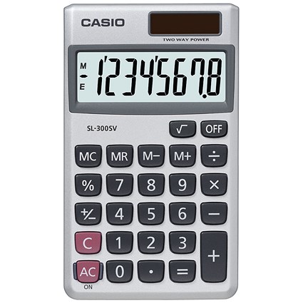 Casio Pocket Calculator, 8 Digit, Solar and Battery Power, Grey