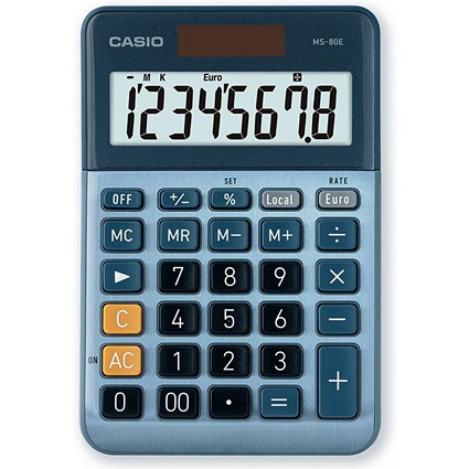 Casio MS-80E Desktop Calculator, 8 Digit, Solar and Battery Power, Metallic Blue