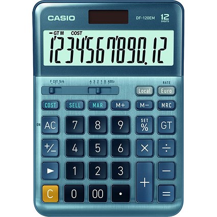 Casio DF-120EM Desktop Calculator, 12 Digit, Solar and Battery Power, Metallic Blue Casio DF-120EM Desktop Calculator, 12 Digit, Solar and Battery Power, Metallic Blue