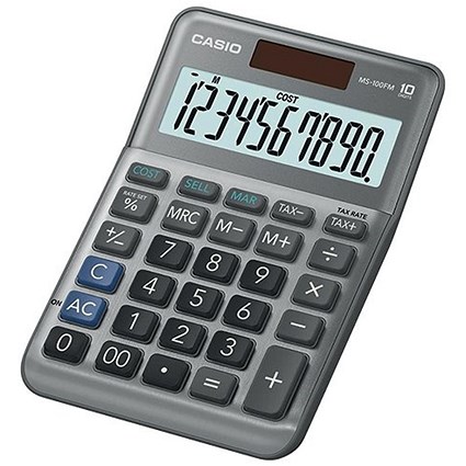 Casio MS-100FM Desktop Calculator, 10 Digit, Solar and Battery Power, Silver