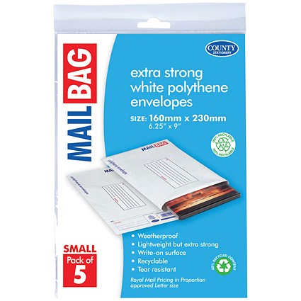 County Stationery Mail Bag Polythene Envelopes, White, Small 160x230mm, Pack of 50