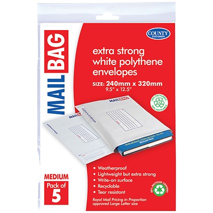 County Stationery Mail Bag Polythene Envelopes, White, Medium 240x320mm, Pack of 50