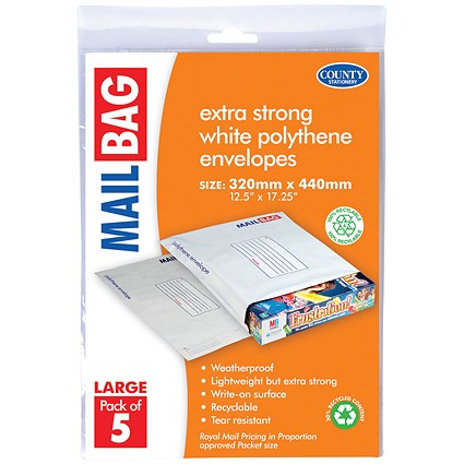 County Stationery Mail Bag Polythene Envelopes, White, Large 320x440mm, Pack of 50