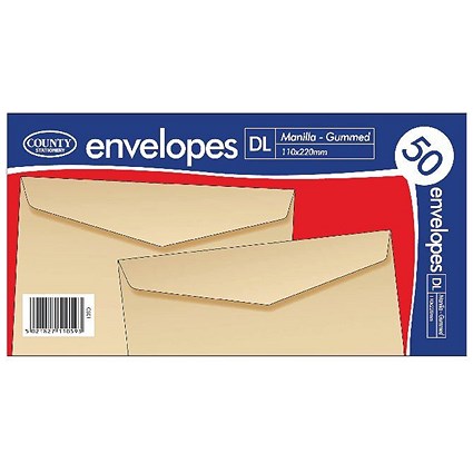 County Stationery DL Envelopes, Gummed, Manilla,Pack of 1000