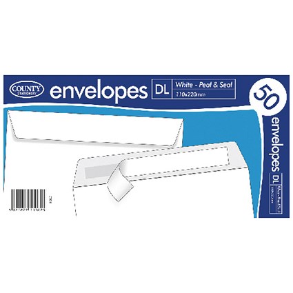 County Stationery DL Envelopes, Peel and Seal, White, Pack of 1000