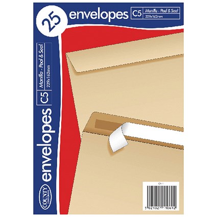 County Stationery C5 Envelopes, Peal and Seal, Manilla, Pack of 500