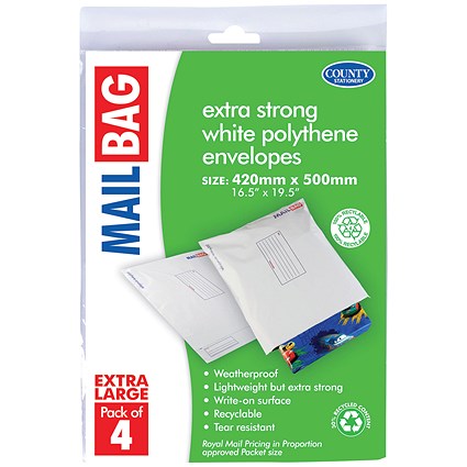 County Stationery Mail Bag Polythene Envelopes, White Extra Large 420x500mm, Pack of 40