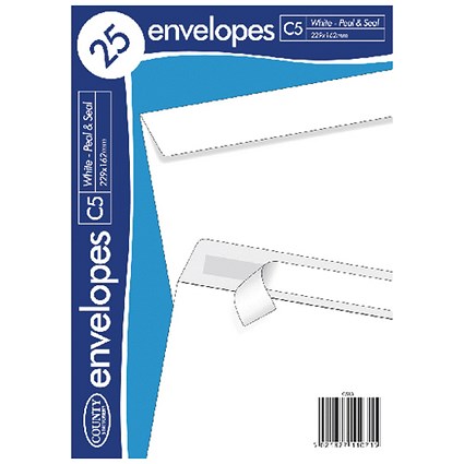 County Stationery C5 Envelopes, Peel and Seal, White, Pack of 500