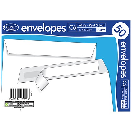 County Stationery C6 Plain Peel and Seal Envelopes, 70gsm, White Pack of 1000