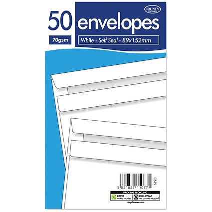 County Stationery 89x152mm Envelopes, Self Seal, White,20x50 (Pack of 1000)