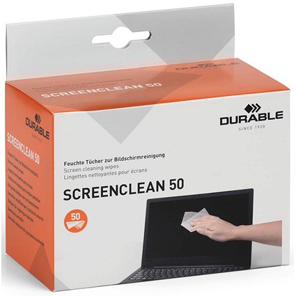 Durable Screenclean 50 Wipes, Alcohol Free, Bio-degradable, Individually Wrapped, Pack of 50 Durable Screenclean 50 Wipes, Alcohol Free, Bio-degradable, Individually Wrapped, Pack of 50