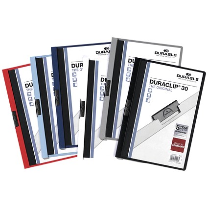 Durable A4 Duraclip Folders, 3mm Spine, Assorted, Pack of 25 Durable A4 Duraclip Folders, 3mm Spine, Assorted, Pack of 25