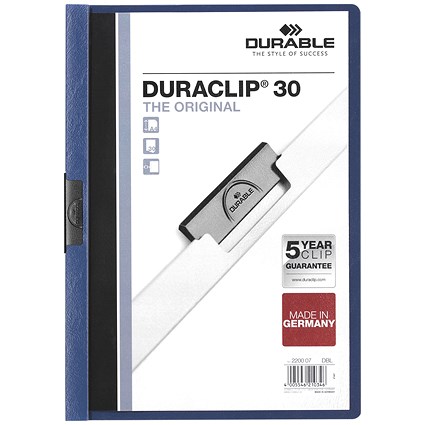 Durable A4 Duraclip Folders, 3mm Spine, Dark Blue, Pack of 25
