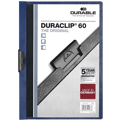 Durable A4 Duraclip Folders, 6mm Spine, Dark Blue, Pack of 25
