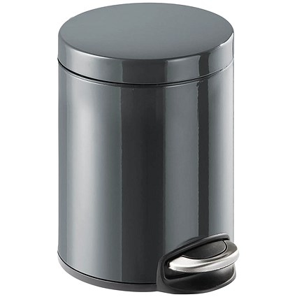 Durable Round Powder Coated Metal Pedal Bin, 5 Litre, Charcoal Durable Round Powder Coated Metal Pedal Bin, 5 Litre, Charcoal