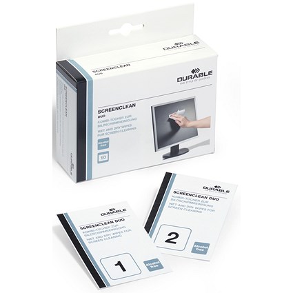 Durable Screenclean Duo Wet and Dry Wipe Set, Alcohol Free, Individually Wrapped, Pack of 10