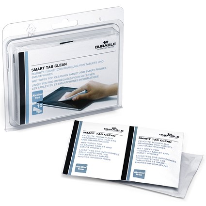 Durable Smart Tab Clean Screen Cleaning Wipes, Individually Wrapped, Alcohol Free, Pack of 10