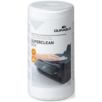 Durable Superclean Box Cleaning Wipes for Plastic Surfaces, Alcohol Free, Pack of 100