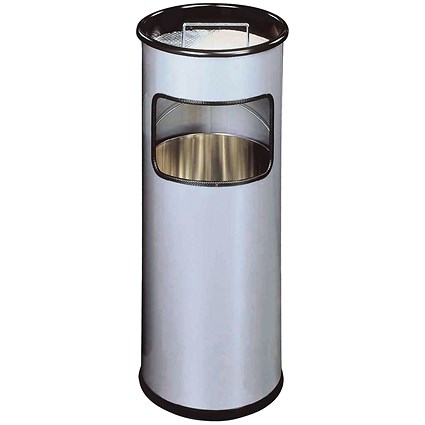 Durable Round Waste Bin with Ashtray, 17 Litre Bin and 2 Litre Ashtray, Silver
